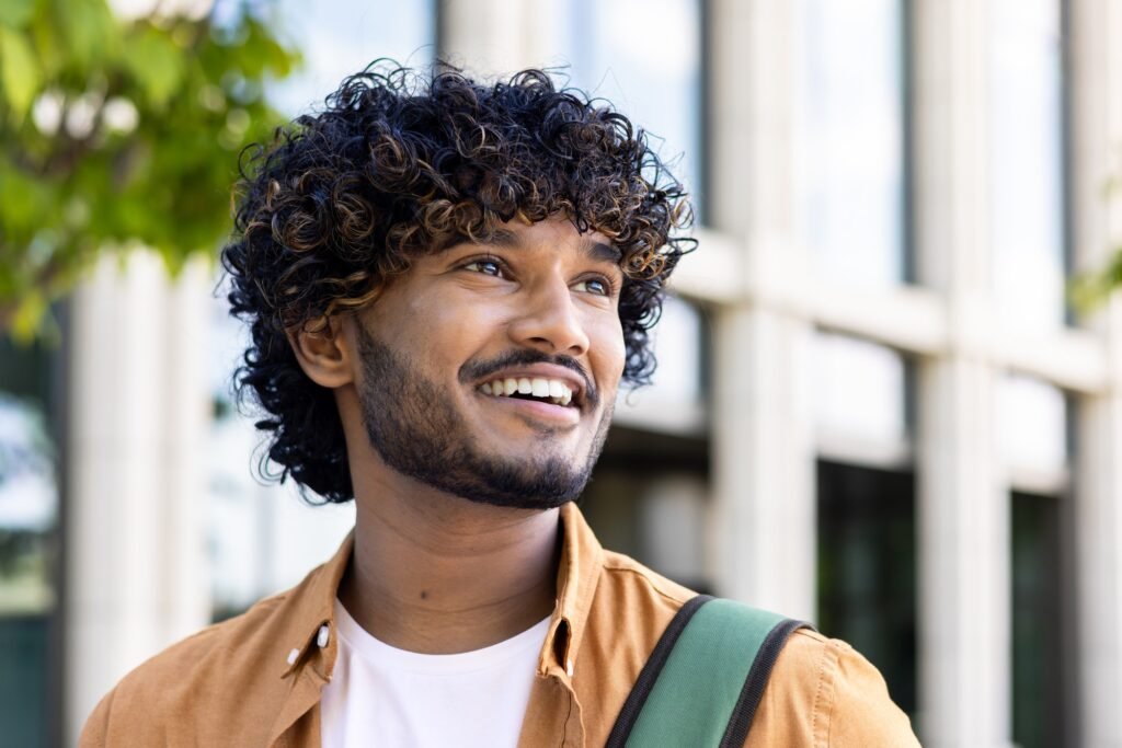 Close-up photo of a young Indian smiling man looking to the side with a confident look. Standing